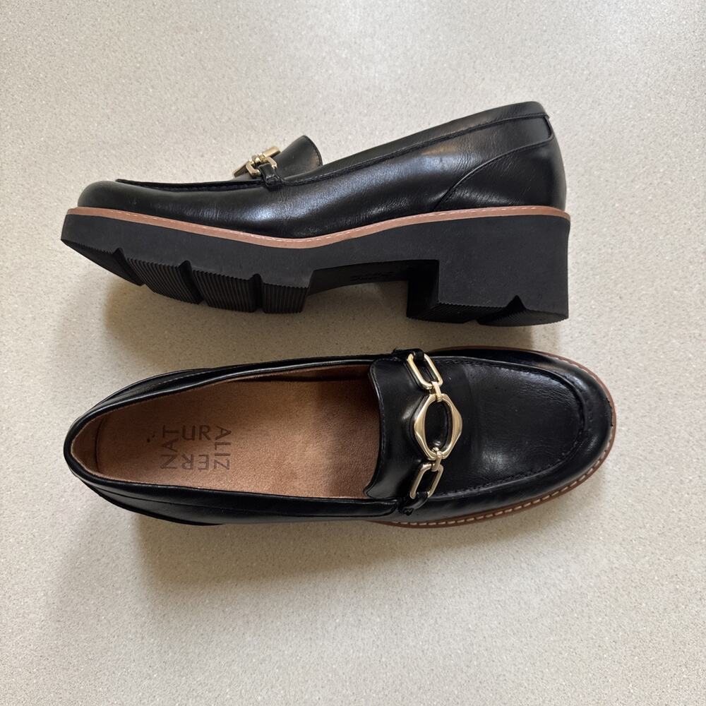 Naturalizer Cabaret Horsebit Black Leather Loafer US 8 Block Heel Medallion